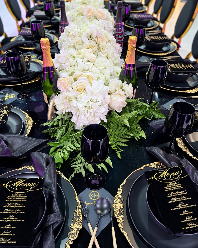Black and gold dinner table with a white rose and hydrangea runner