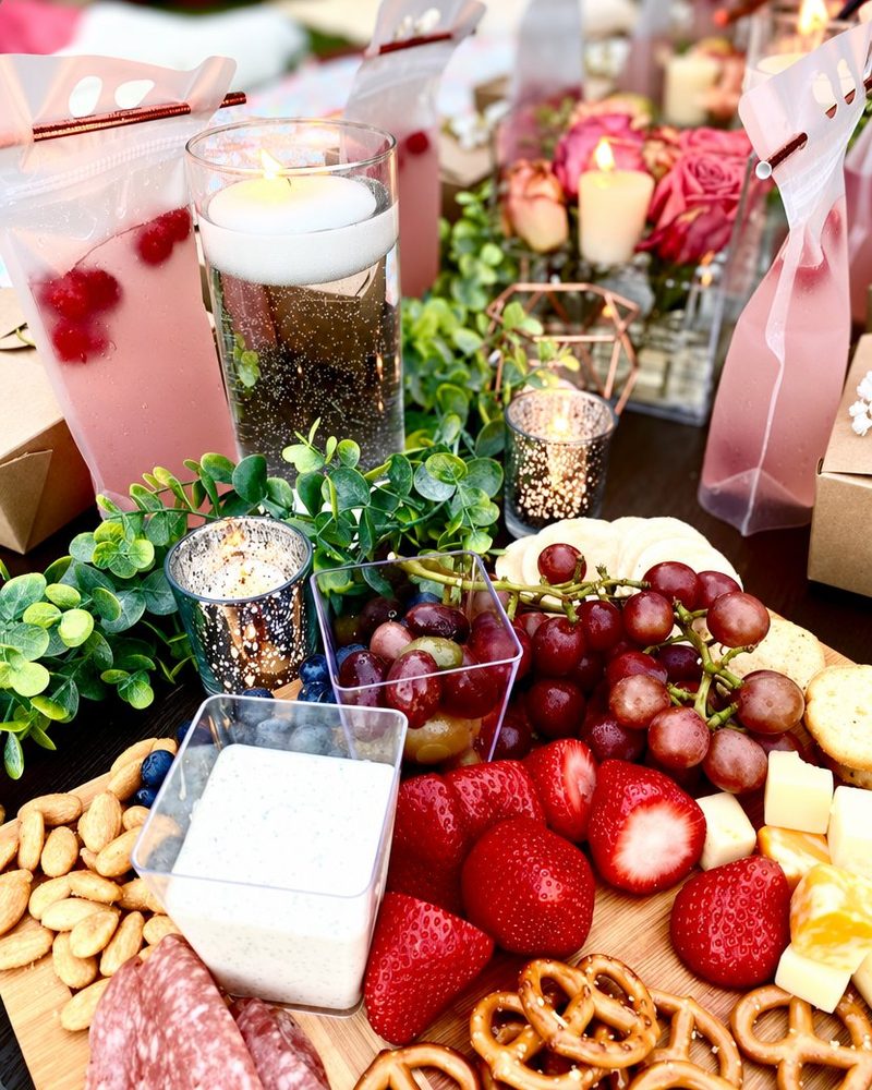 Grazing board with strawberries, grapes and votive candles