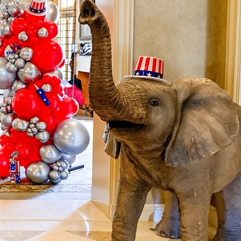 Patriotic decor: a red, white and silver balloon column beside an elephant figure in a stars-and-stripes top hat