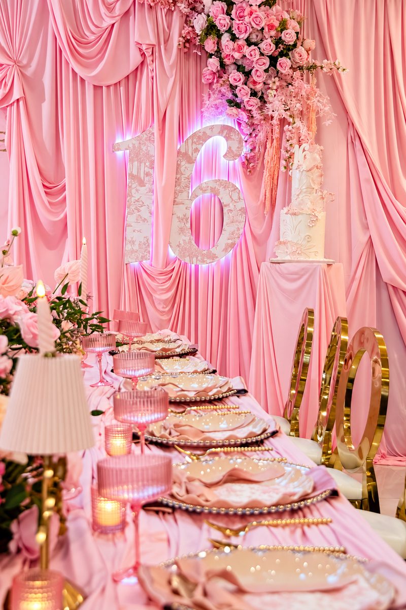 Pink draped backdrop with a lit marquee 16, roses, and a long pink table set with gold chairs